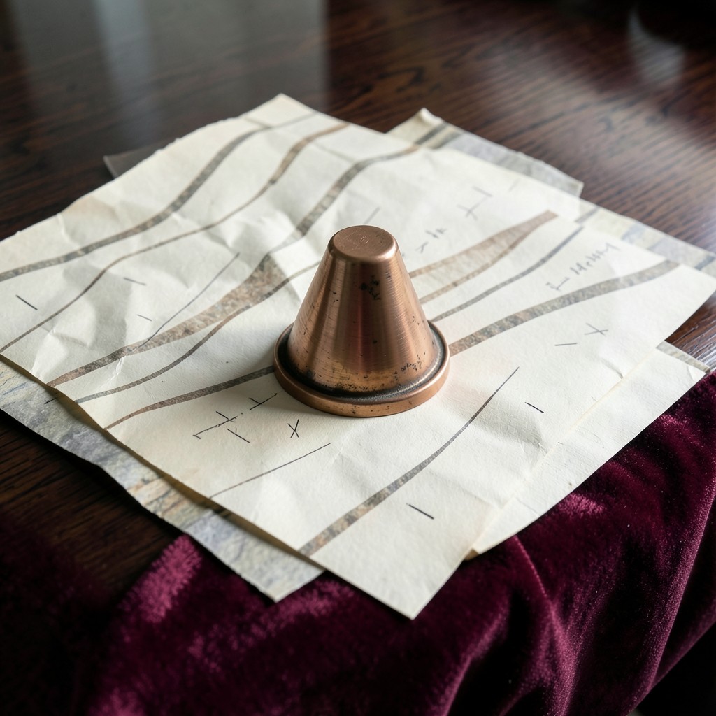 Two overlapping chart sheets with a copper paperweight on a dark desk