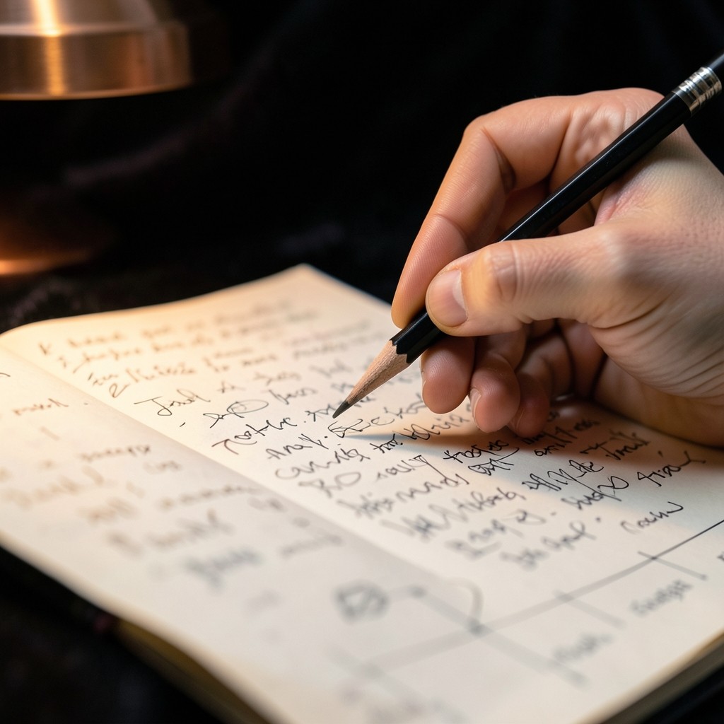 Hands holding a pencil over a journal beside a blurred chart