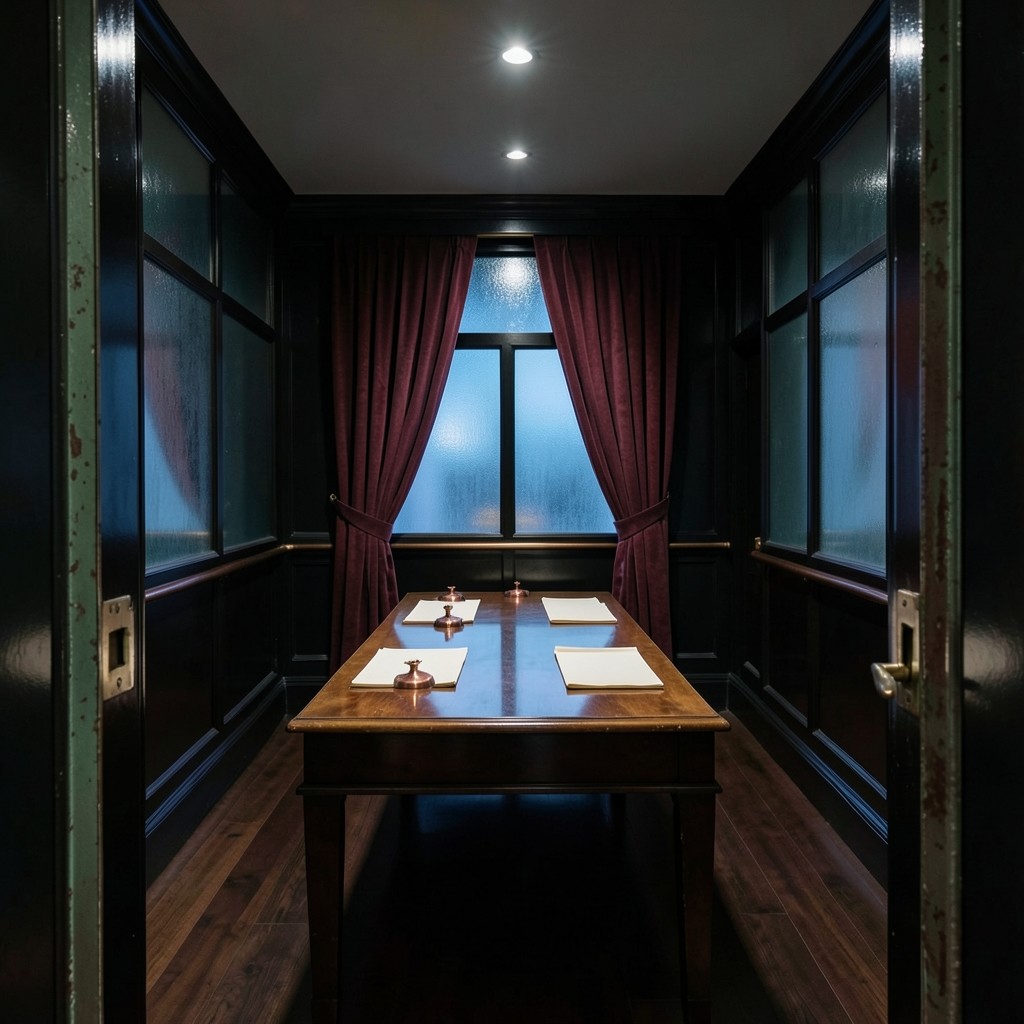 An empty chart room with a long dark table, ivory paper, and burgundy drapes