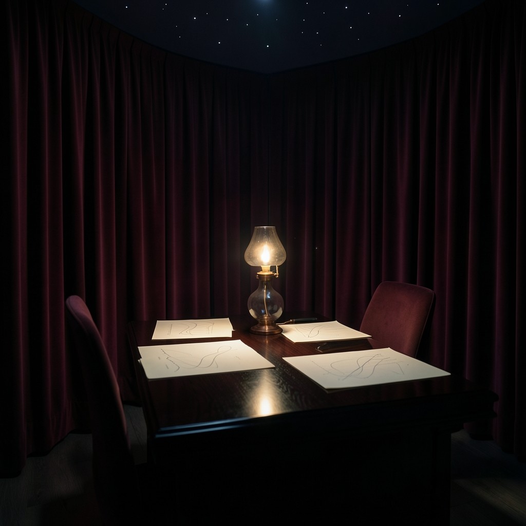A dim chart-study table with burgundy velvet chairs, a copper lamp, and paper charts in a dark wood room