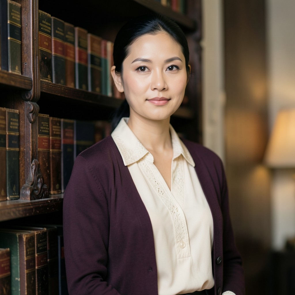 Portrait of Mali Thongchai beside a dark wood bookshelf