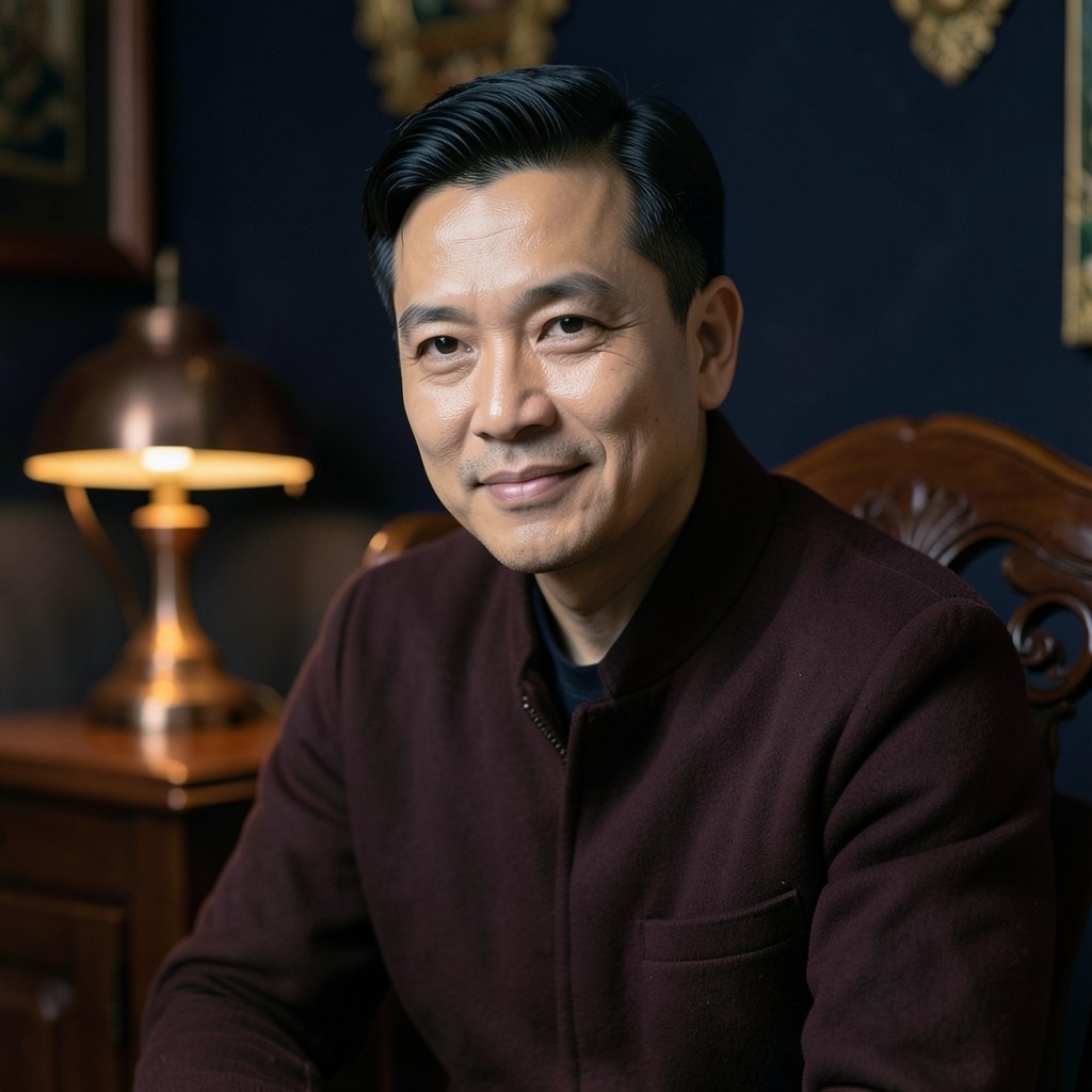Portrait of Niran Chaiyasit seated in a dim room with warm copper light