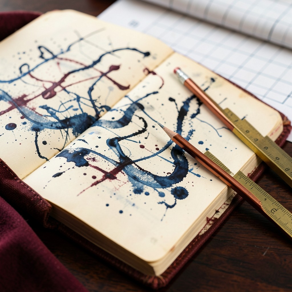 An open journal, copper pencil, and brass ruler on a dark wood desk