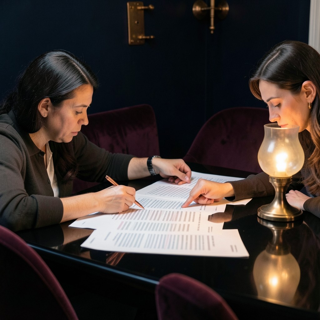 Two adults reviewing paper charts together at a dark wood table under a copper lamp