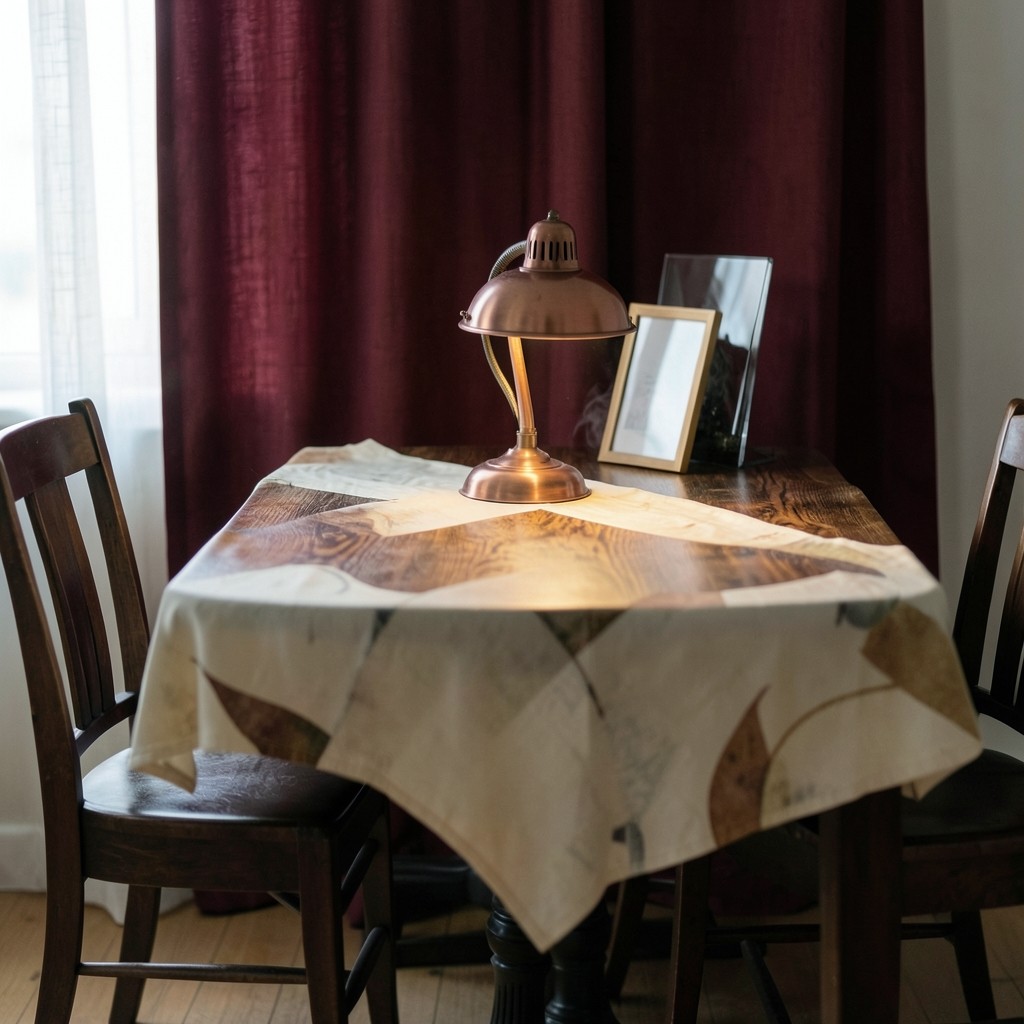 A quiet afternoon chart table with one sheet of paper and a low copper lamp