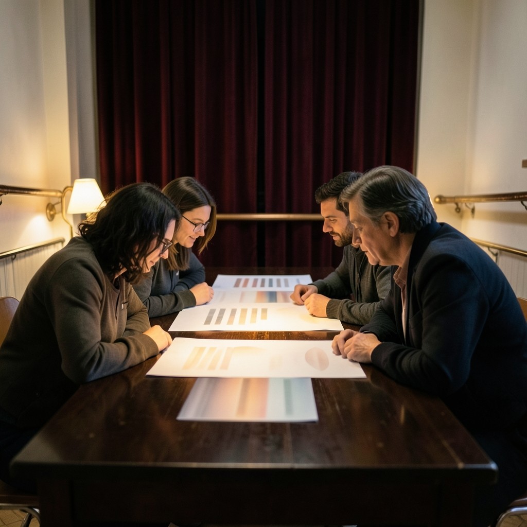 Four adults seated around a long evening table with paper charts and velvet curtains